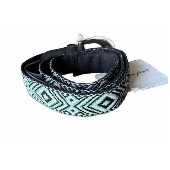 Free People Women\'s Sz M/L Moving to Mars Cotton Leather Belt Green & Black